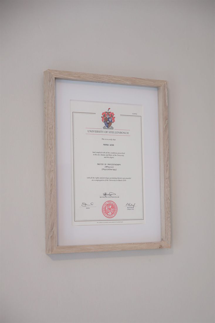 Marna Webb physiotherapy qualification certificate